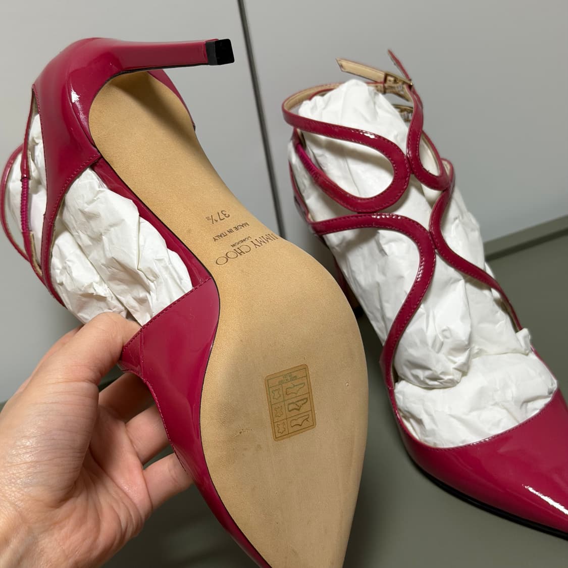 정품 지미추 핫핑크 페이턴트 스트랩 스틸레토 힐 37.5 상품이미지4