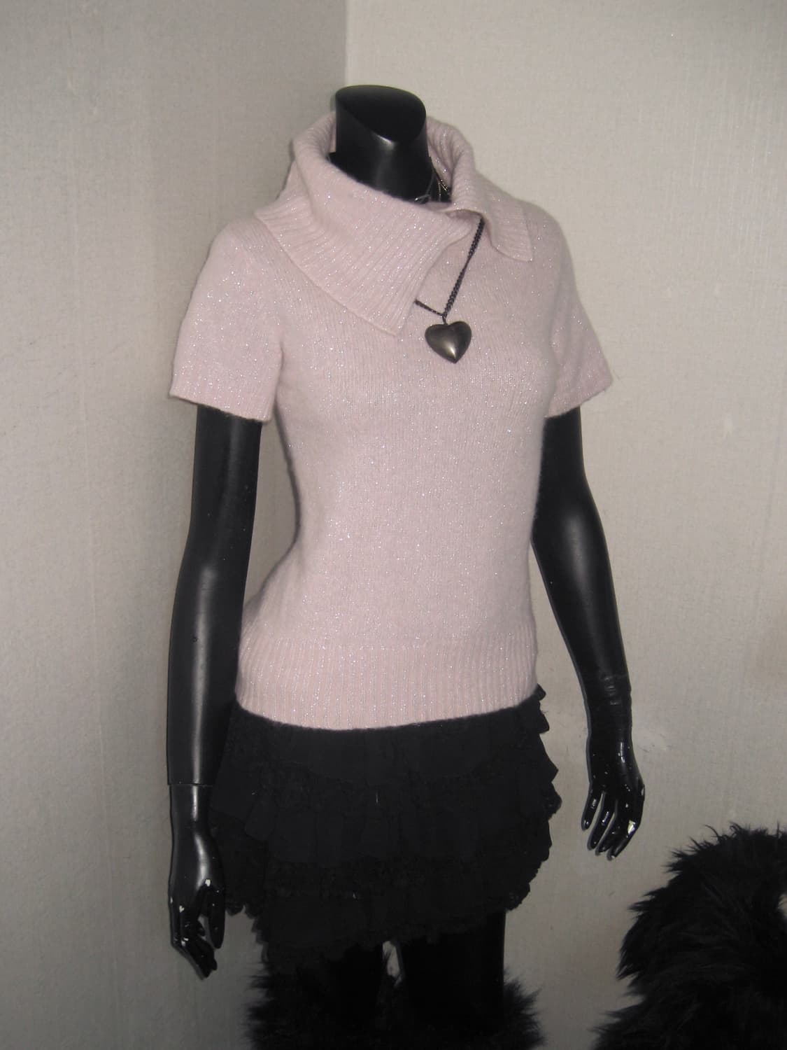 핑크 글리터 반팔 티셔츠 하이넥 니트 탑 히메갸루 상품이미지5