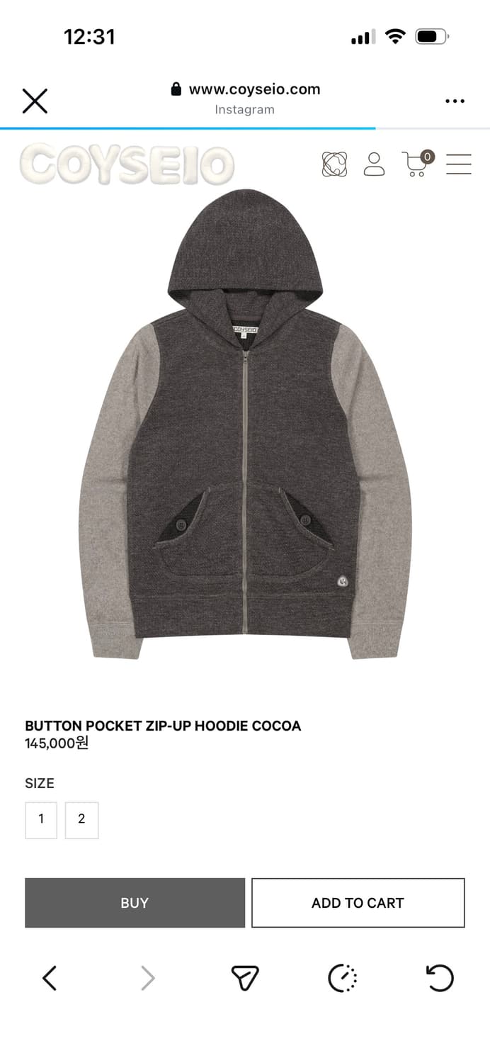 코이세이오 버튼 포켓 집업 후디 코코아 상품이미지1