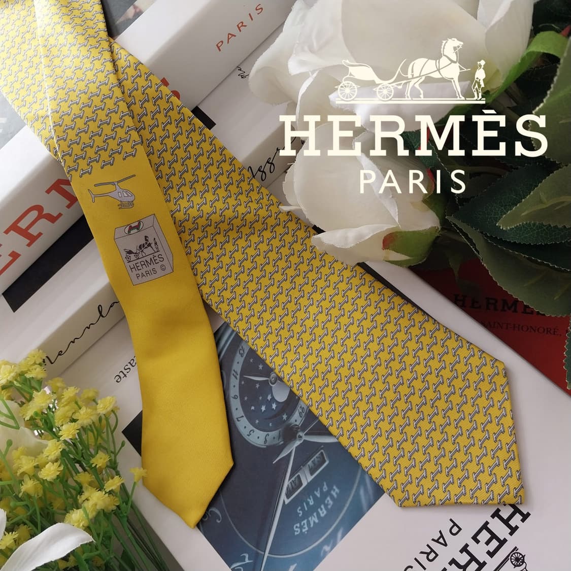 에르메스 실크 옐로 H 헬리패드 패턴 넥타이 7.4cm 새상품 K1372 상품이미지1