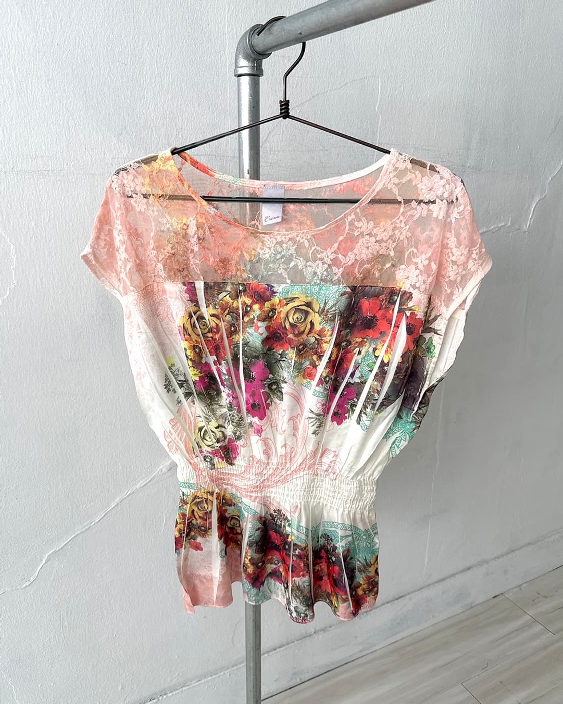 Y2K Lace Mesh Flower Graphic Half Sleeve 상품이미지1