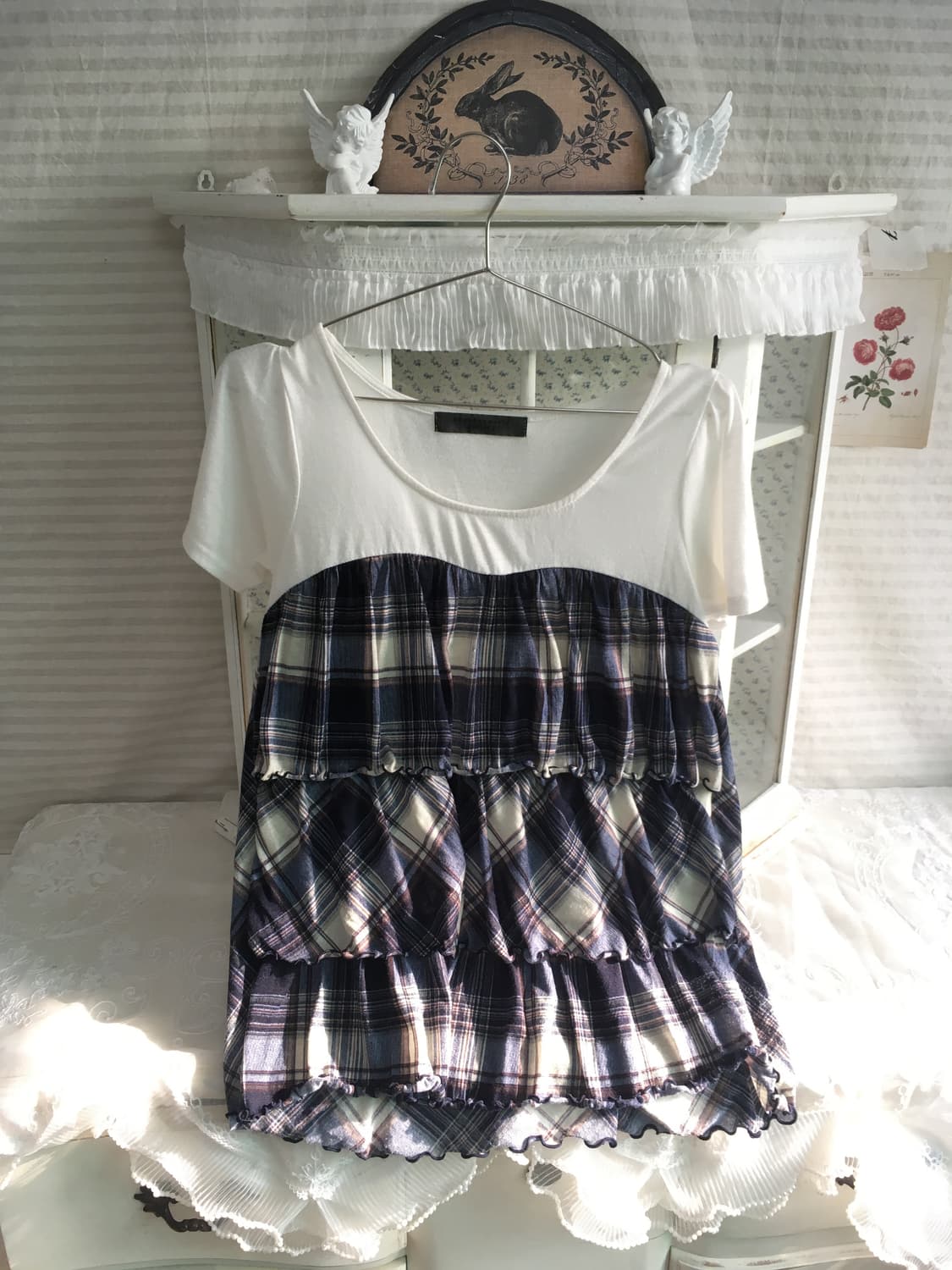 빈티지 블루 체크 캉캉 반팔 블라우스 상품이미지6