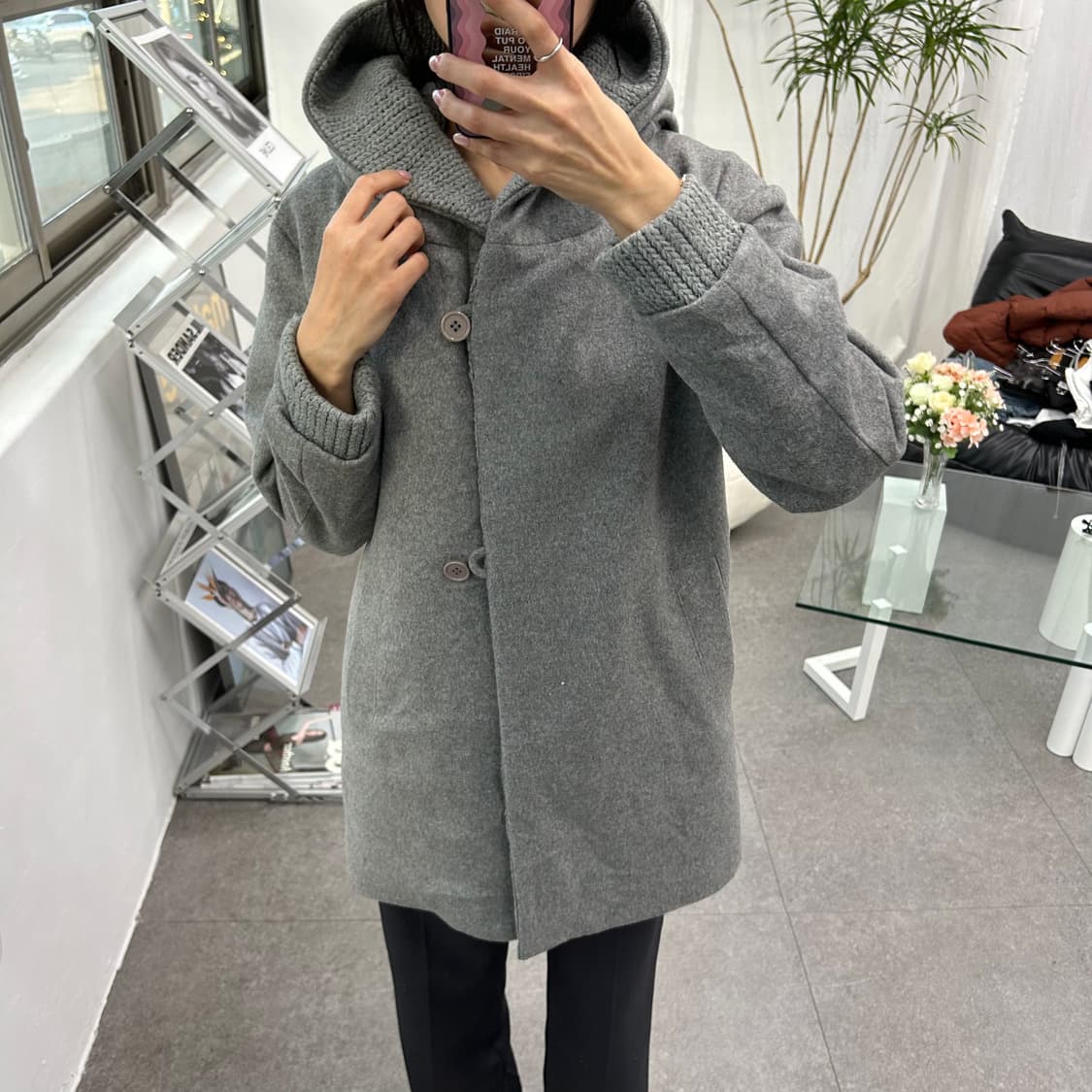 RA DO DA 니트 후드 배색 그레이 코트 상품이미지1