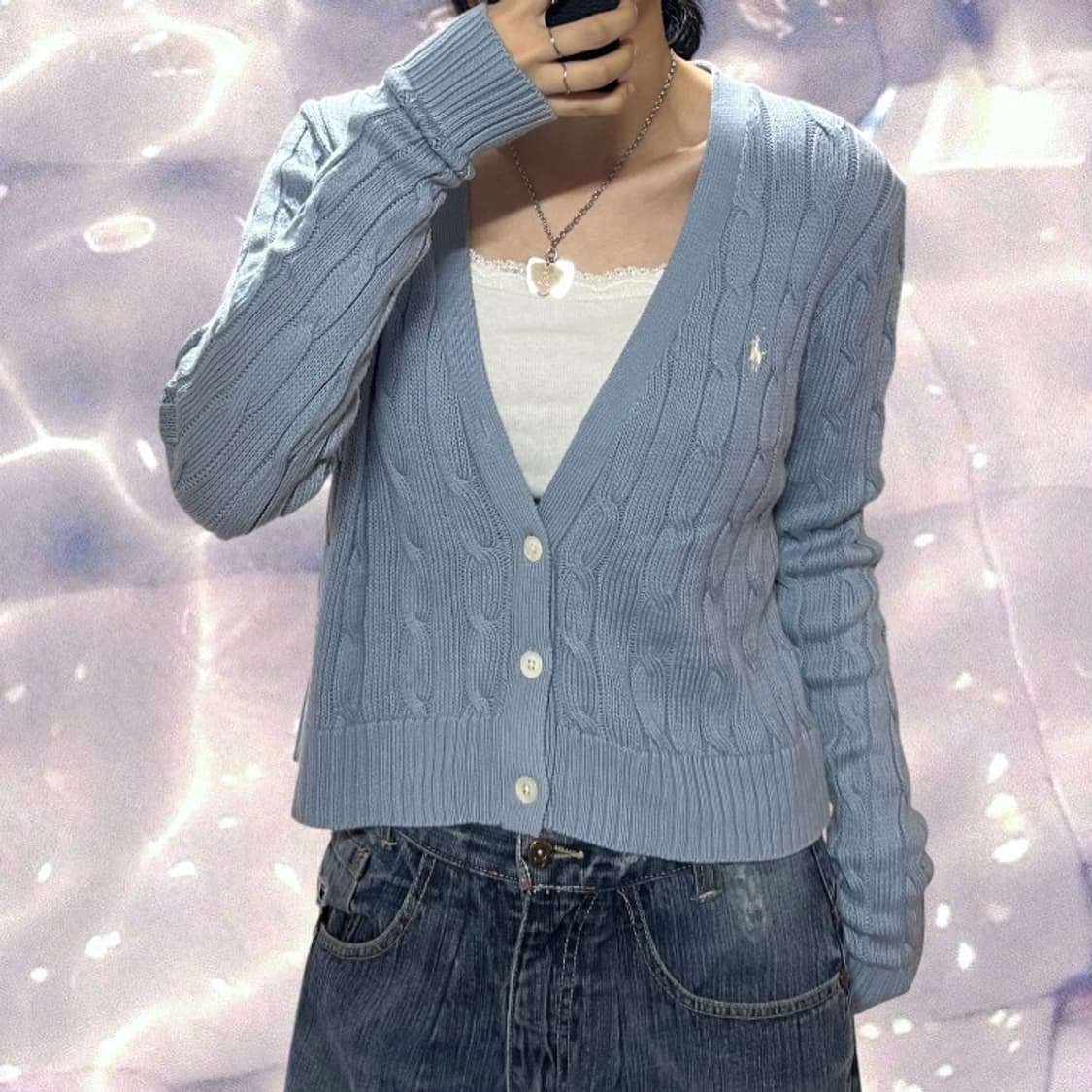 폴로 랄프로렌 신형 큐알 브이넥 꽈배기 니트 가디건 스카이블루 소라 L 상품이미지1