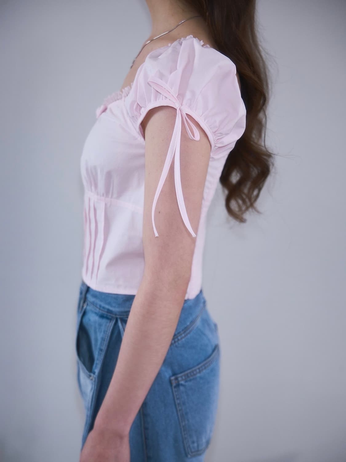 로제프란츠 리본 핀턱 크롭 블라우스 핑크 상품이미지2
