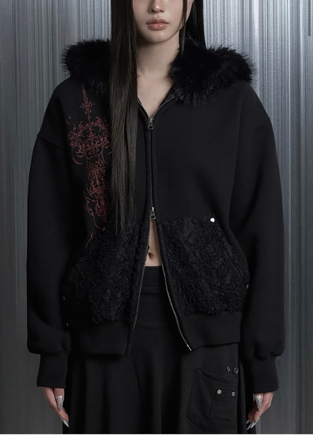 에트오소메 프린팅 퍼 후드집업 상품이미지1