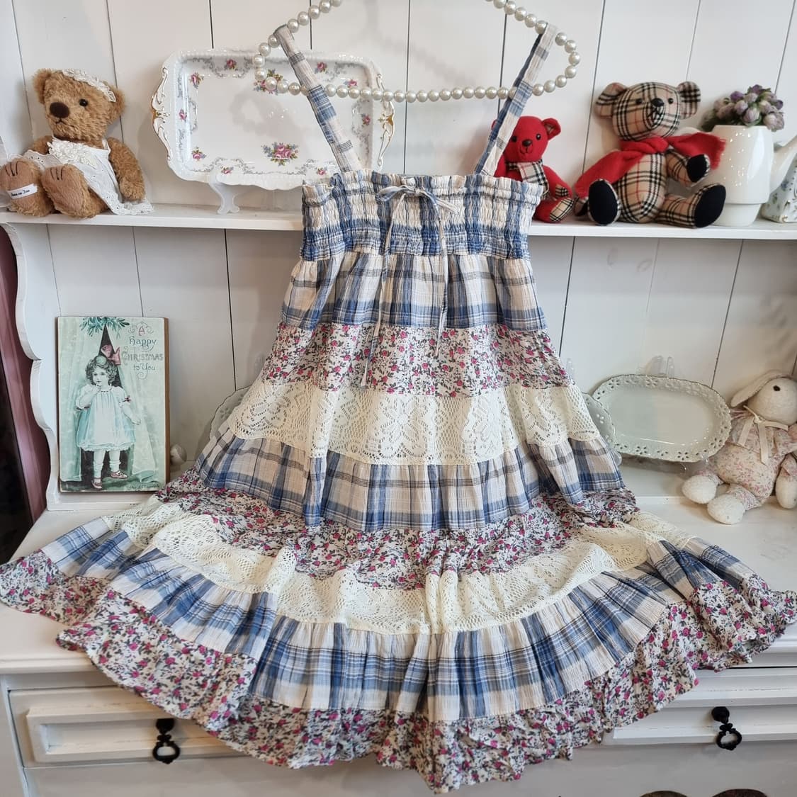 체크&플라워 레이어드 레이스 끈 원피스 상품이미지4