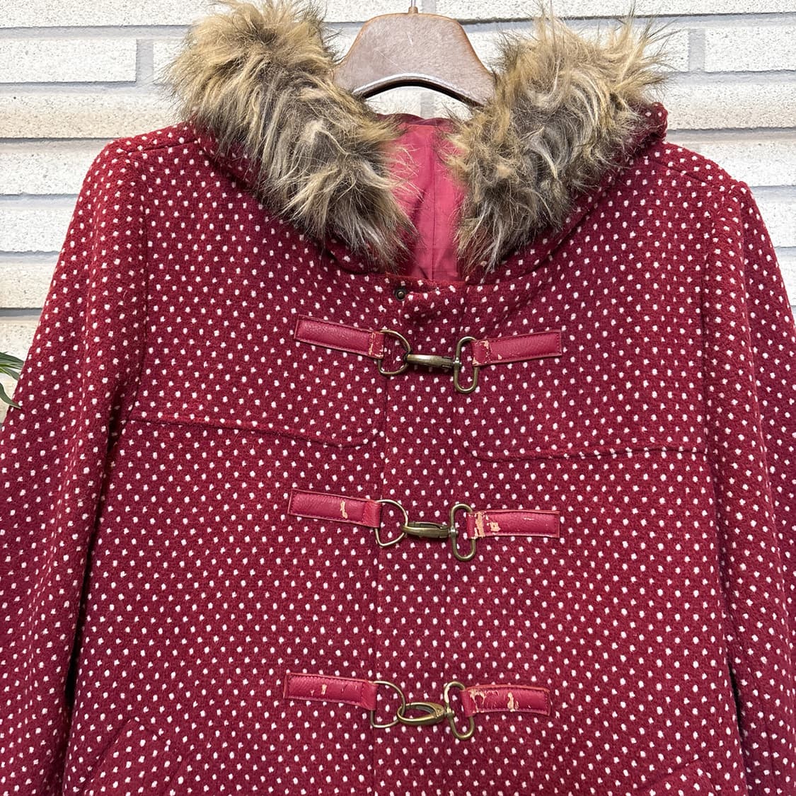 JPN VINTAGE D링 버클 더플코트 퍼후드 도트포인트 디테일 레드 상품이미지4