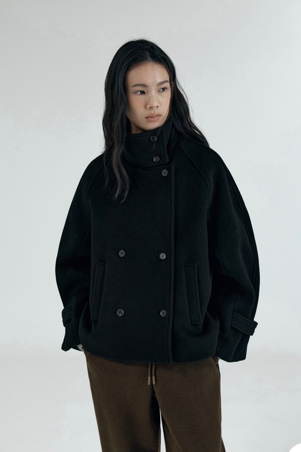 시야쥬 하이넥 오버핏 하프 코트 블랙 상품이미지2