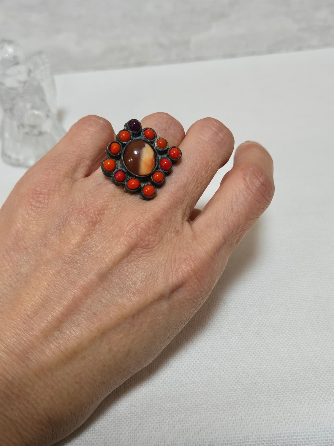 빈티지 마노 & 산호·자수정 포인트 아트 링 │ 레트로 핸드메이드 감성 상품이미지6
