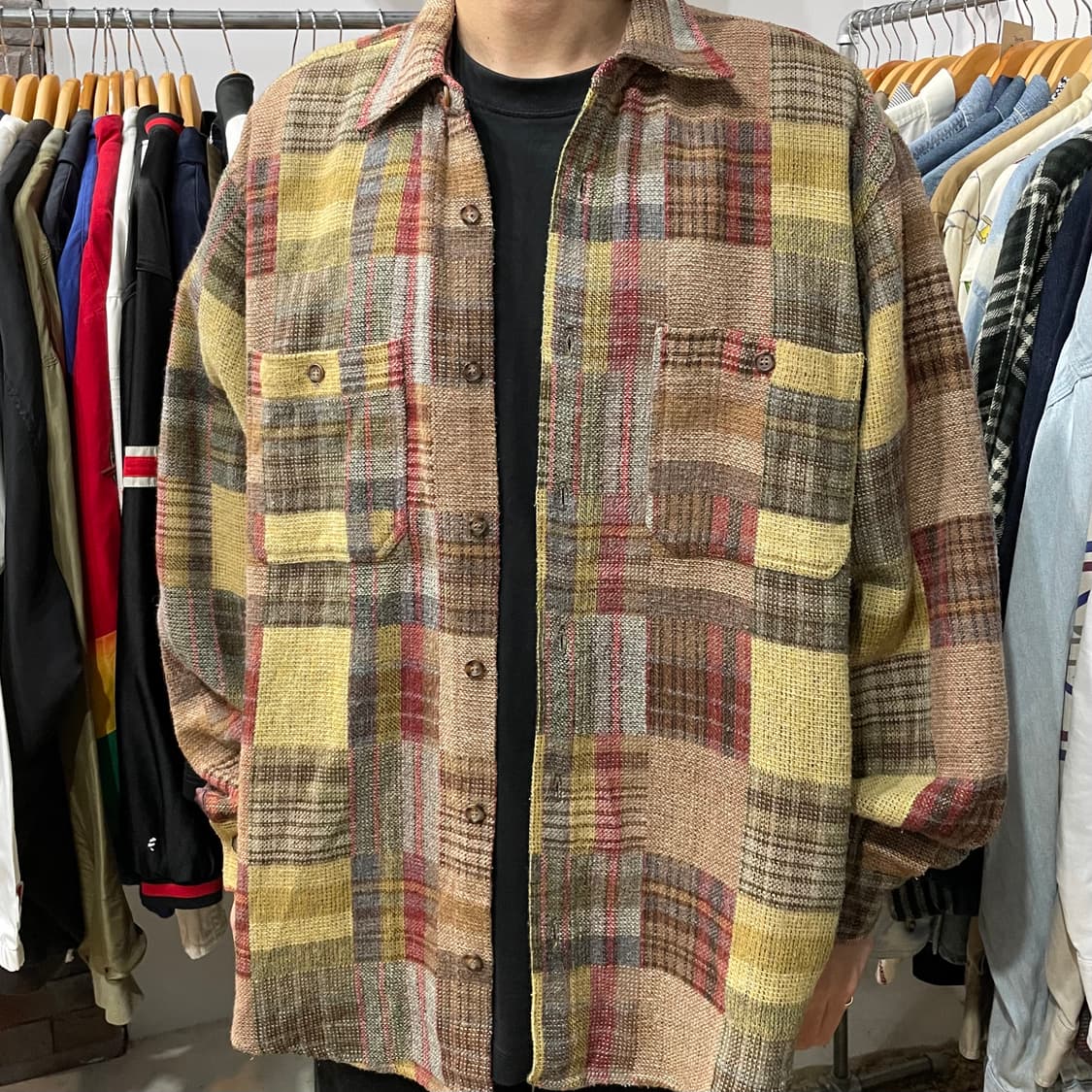 1990s Benetton 베네통 체크혼합 울 셔츠 상품이미지1