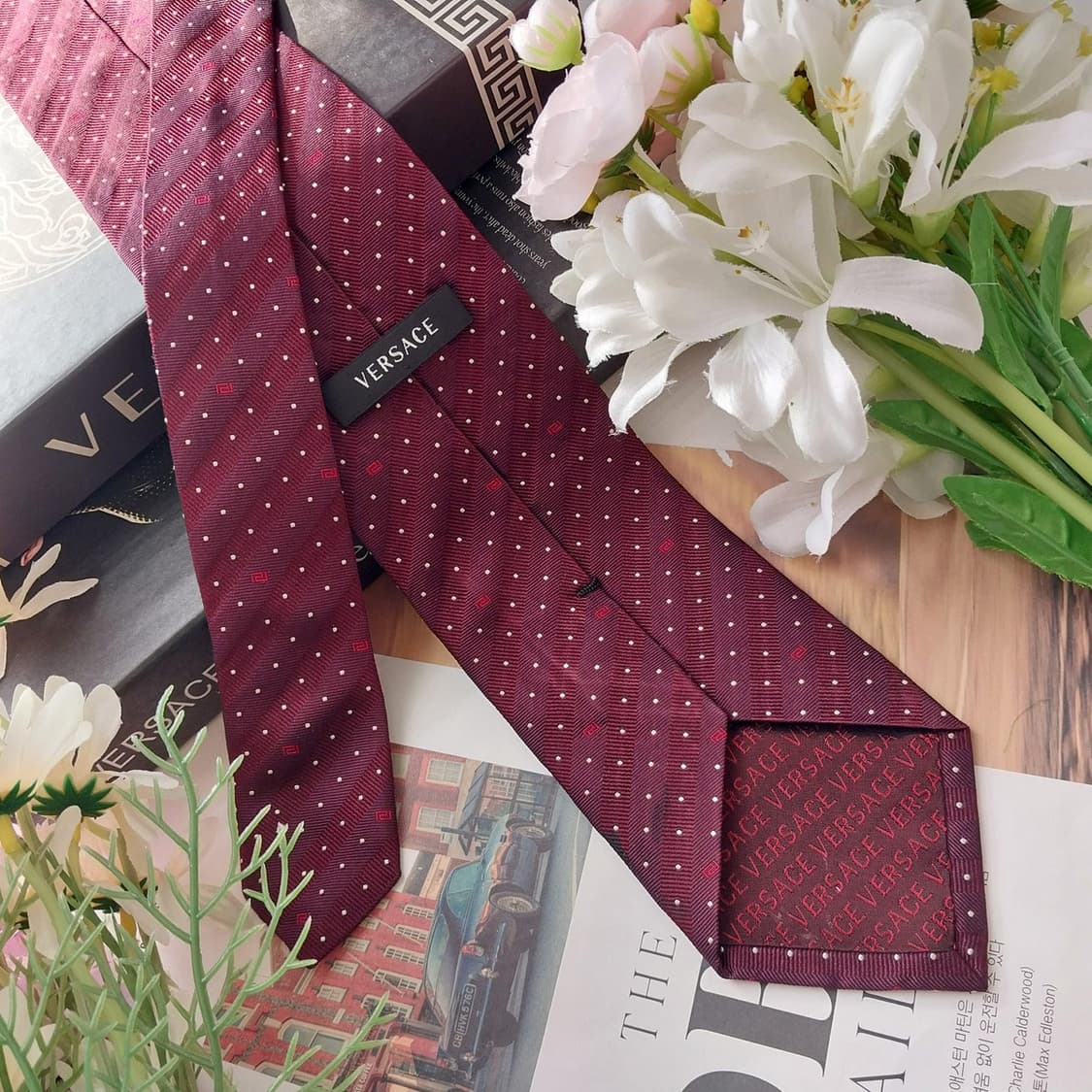 베르사체 실크 와인 도트 로고 패턴 넥타이 8.6cm A+등급 K1588 상품이미지4