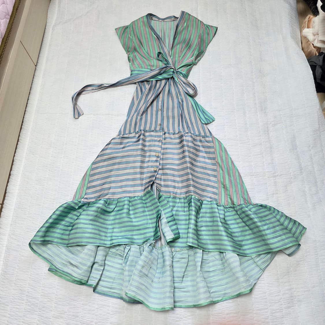 paris 빈티지)그린 스트라이프 패치워크 랩 캉캉 맥시 드레스 상품이미지5