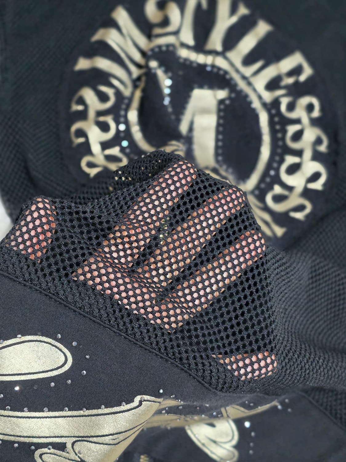 블랙 메쉬 소매 집업 자켓 펑크 시스루 고스 금장레터링 큐빅 상품이미지3