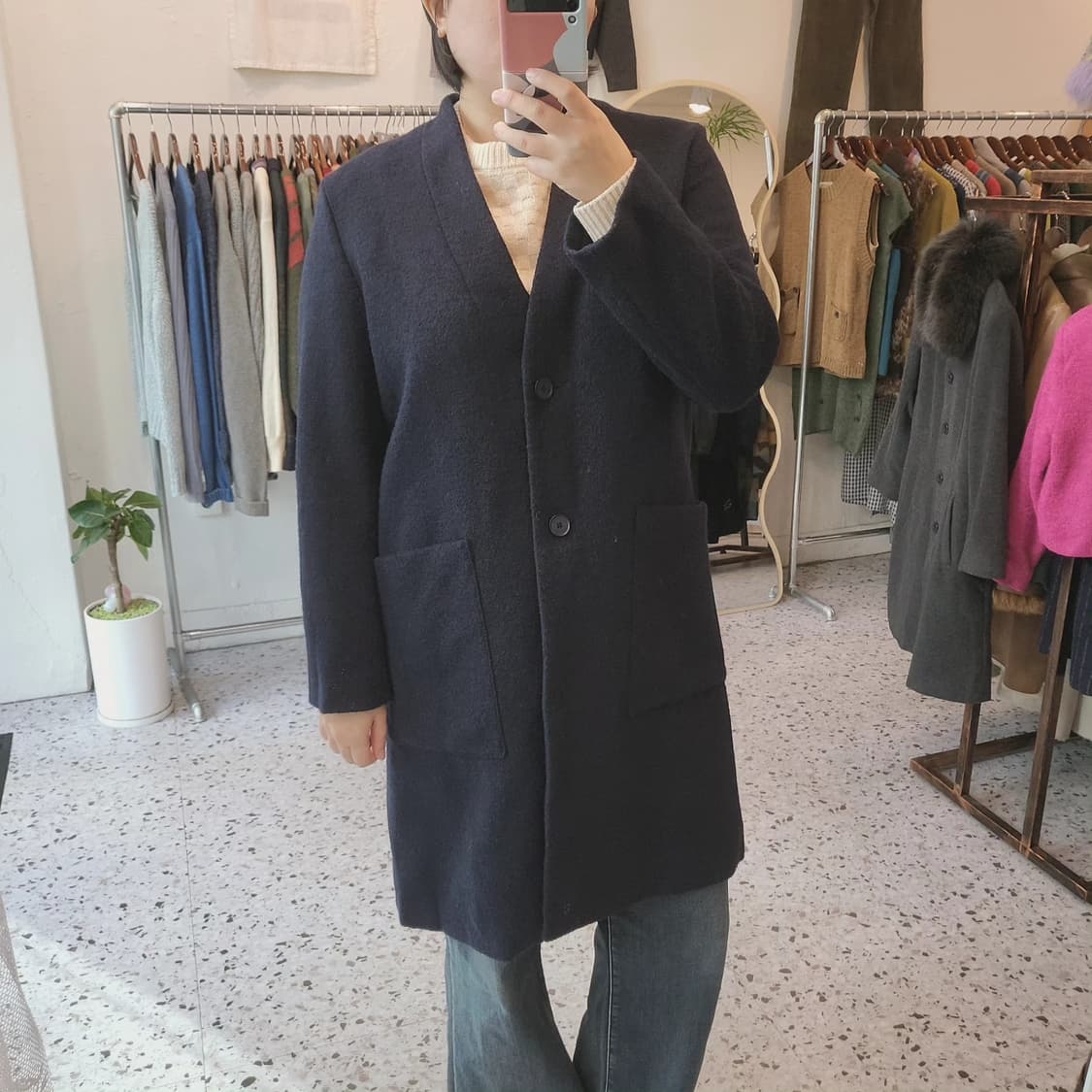 라코스테 딥네이비 노카라 모직코트 상품이미지10