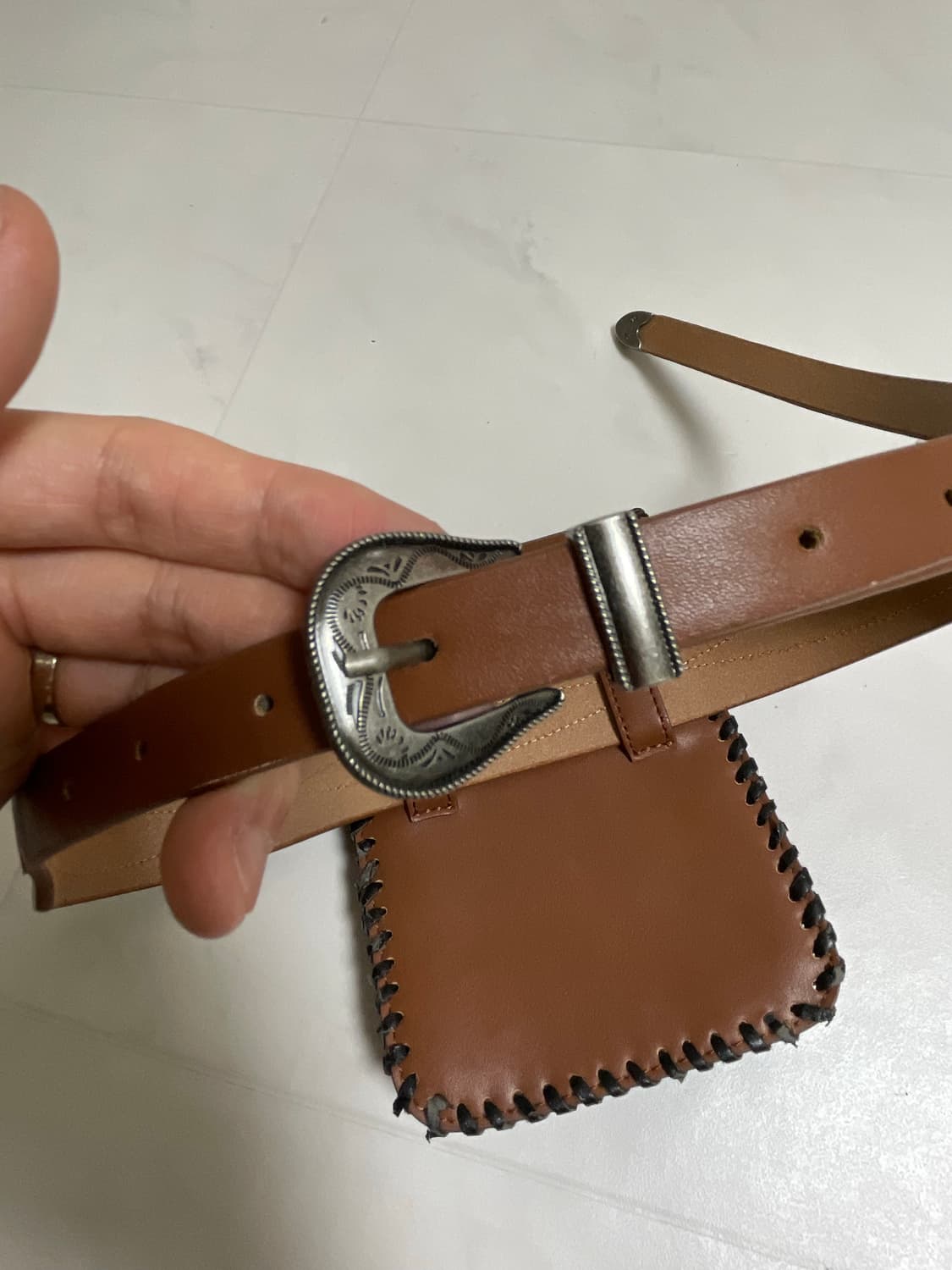Brown leather whipstitch western belt ba 상품이미지5