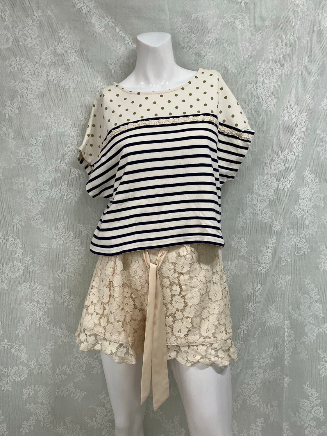 빈티지 어스 뮤직 레이스 도트 스트라이프 반팔 1110 모리걸 y2k 스 상품이미지2