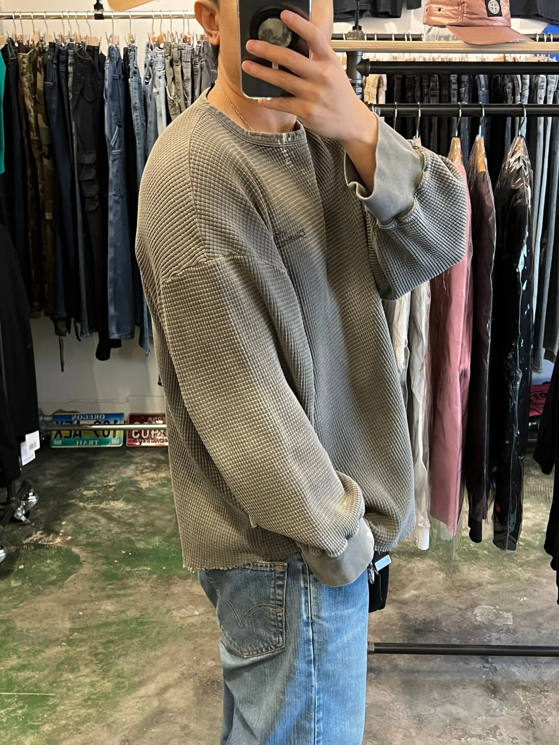 [1] 게더레이지 와이드 컷 와플 슬리브 워시드 카키 상품이미지9