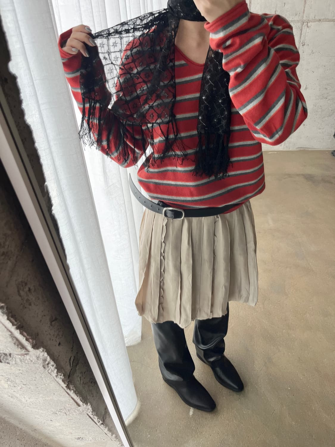 jpn 실버 펄사 레이스 롱 스카프 블랙 상품이미지5