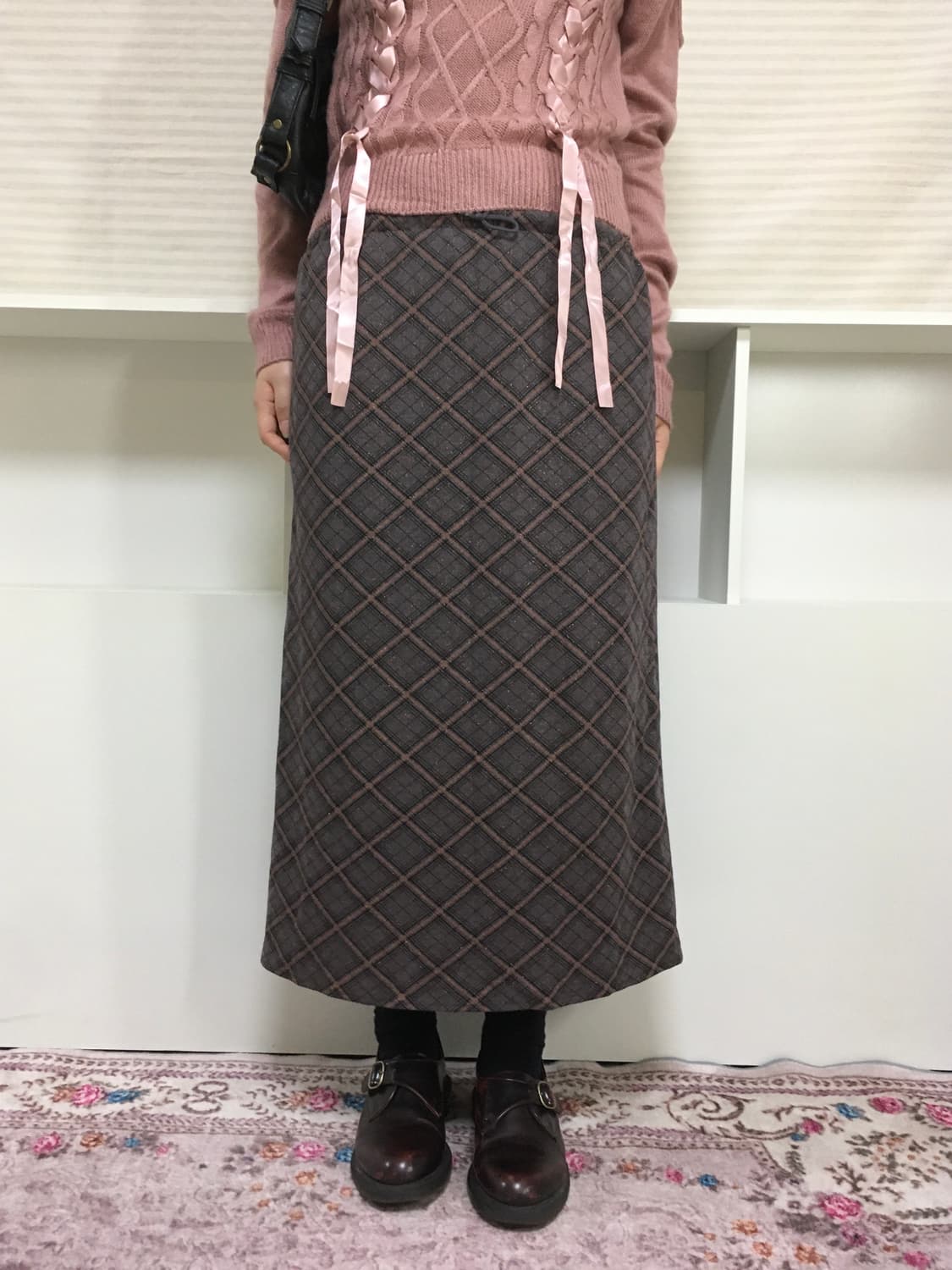 jpn vintage check pearl long skirt 상품이미지1