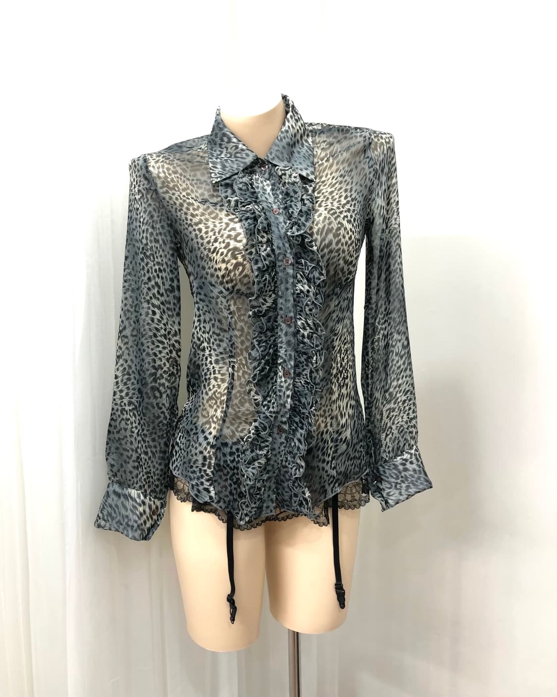 blue leopard frill sheer blouse  for  상품이미지1