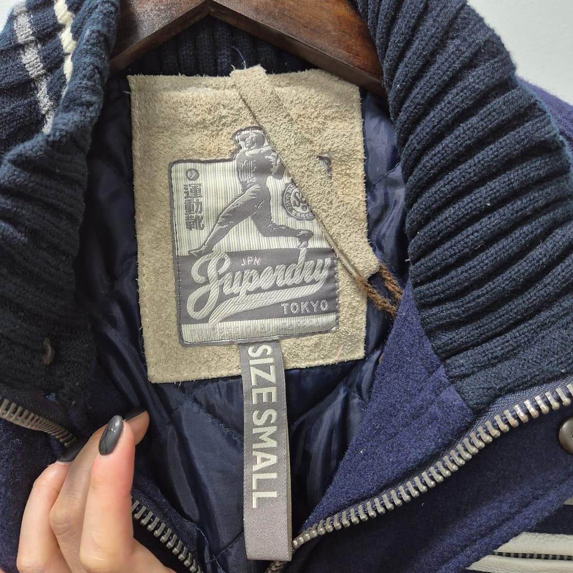 슈퍼드라이 네이비 울 스타디움 레더 자켓 S / 할인 상품이미지4