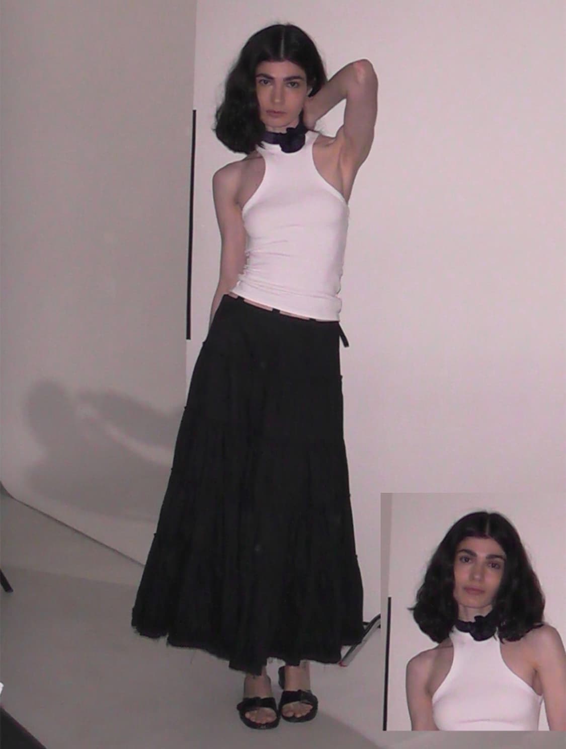 컷 오프 벨티드 티어드 미디 스커트 블랙 상품이미지1