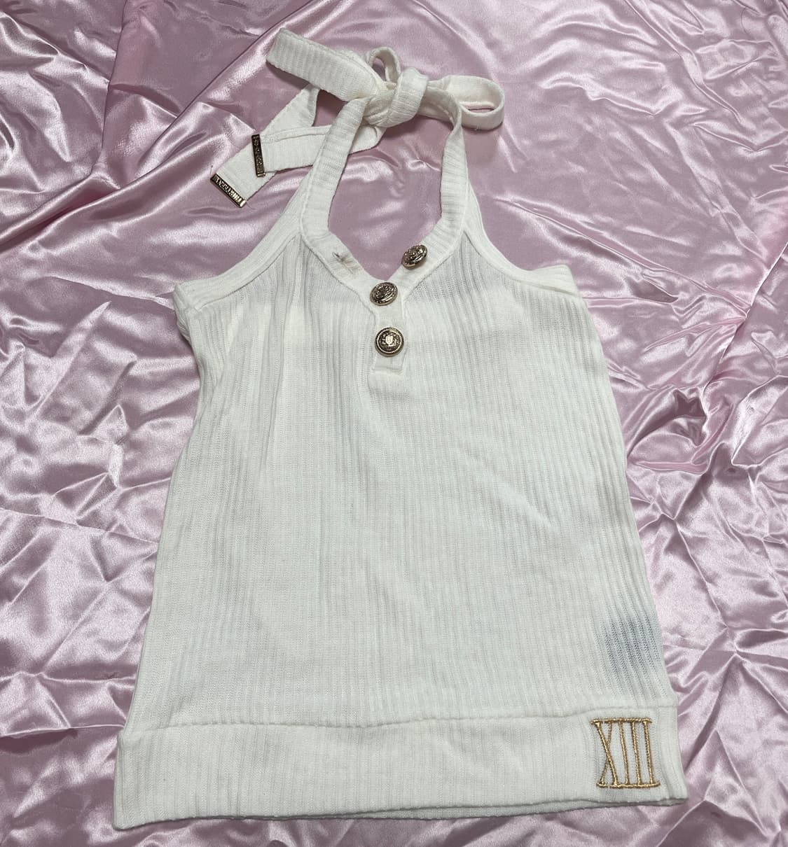 d.i.a.깔 오네갸루 금장 골드자수 홀터넥 니트탑 (아이보리) 상품이미지1