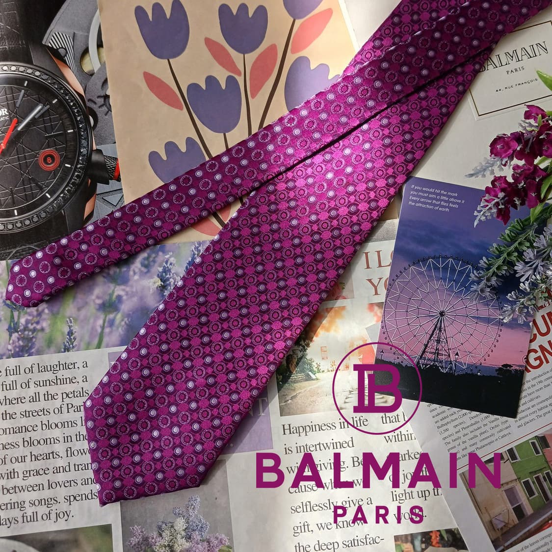 피에르 발망 실크 퍼플 기하 패턴 넥타이 9.3cm A+등급 A19703 상품이미지2