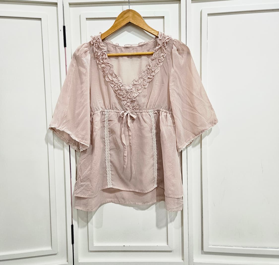 0327 연핑크 프릴 레이스 리본 블라우스 상품이미지1