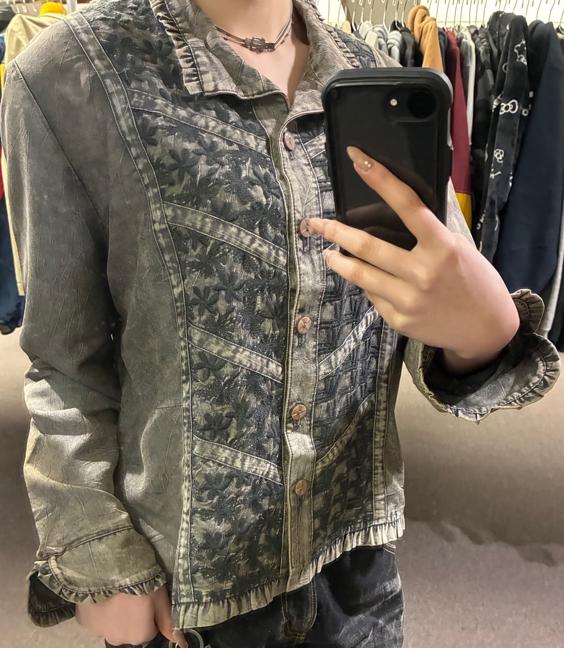 L)Japanese vintage 여성 자수 프릴 디테일 그레이 셔츠 상품이미지1