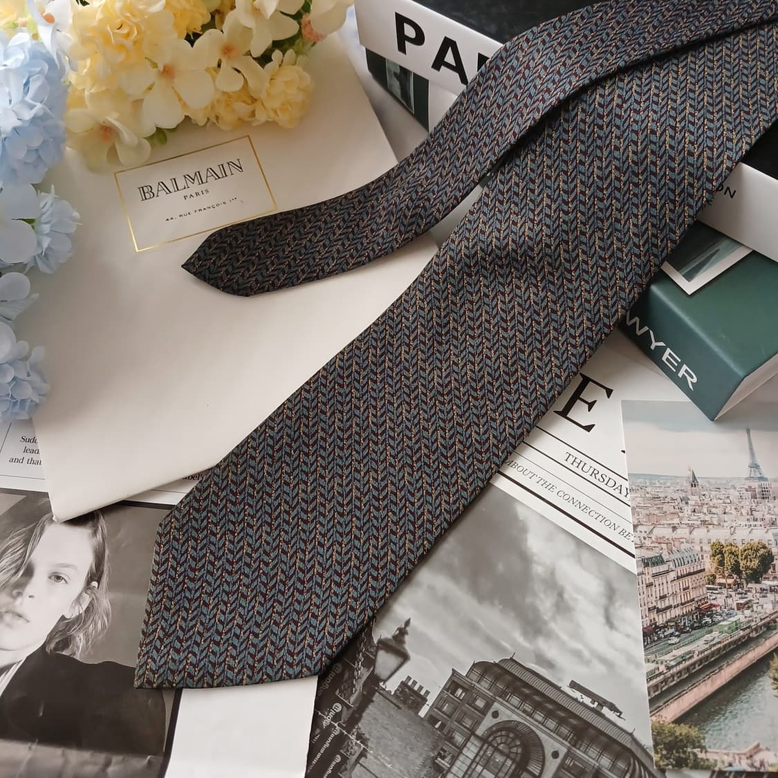 BALMAIN 발망 실크 브라운 패턴 넥타이 9.5cm A+등급 E900 상품이미지2