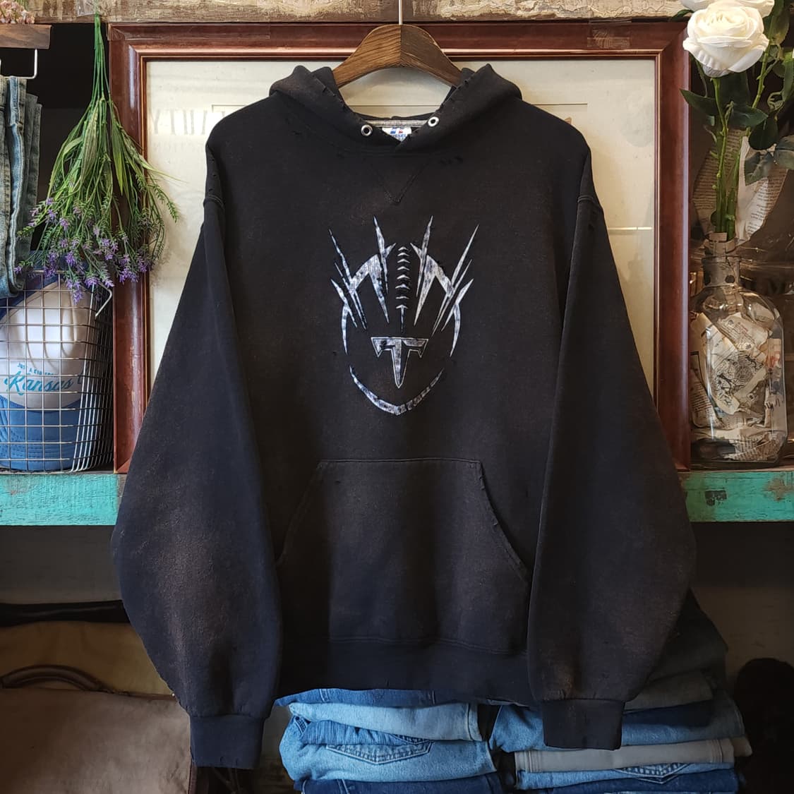 90s 러셀 후드 빈티지 스웻셔츠 썬페이딩 블랙 프린팅 M 상품이미지2