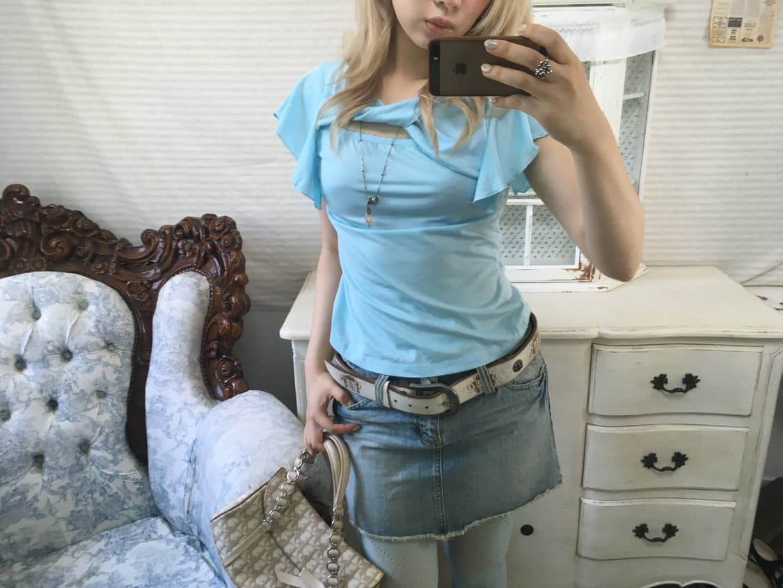 jpn vintage 하늘 엔젤 컷아웃 딱붙 프릴 반팔 상품이미지4