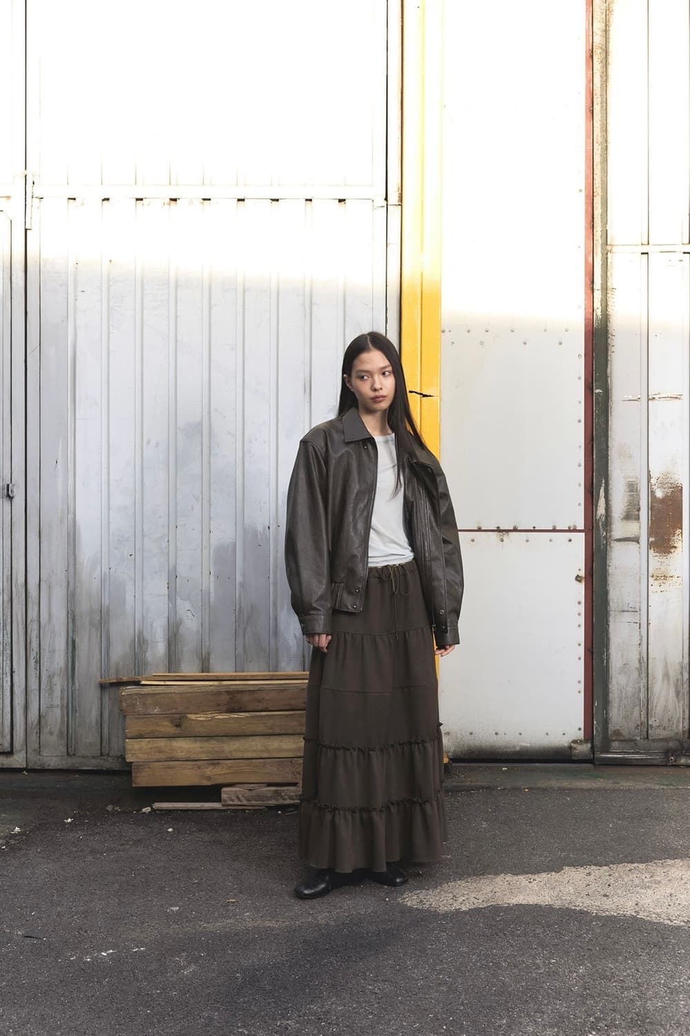 오데스 프릴 맥시 스커트 카키 상품이미지1