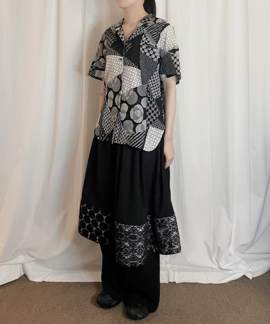 Patchwork Dot Shirt - Black 상품이미지4