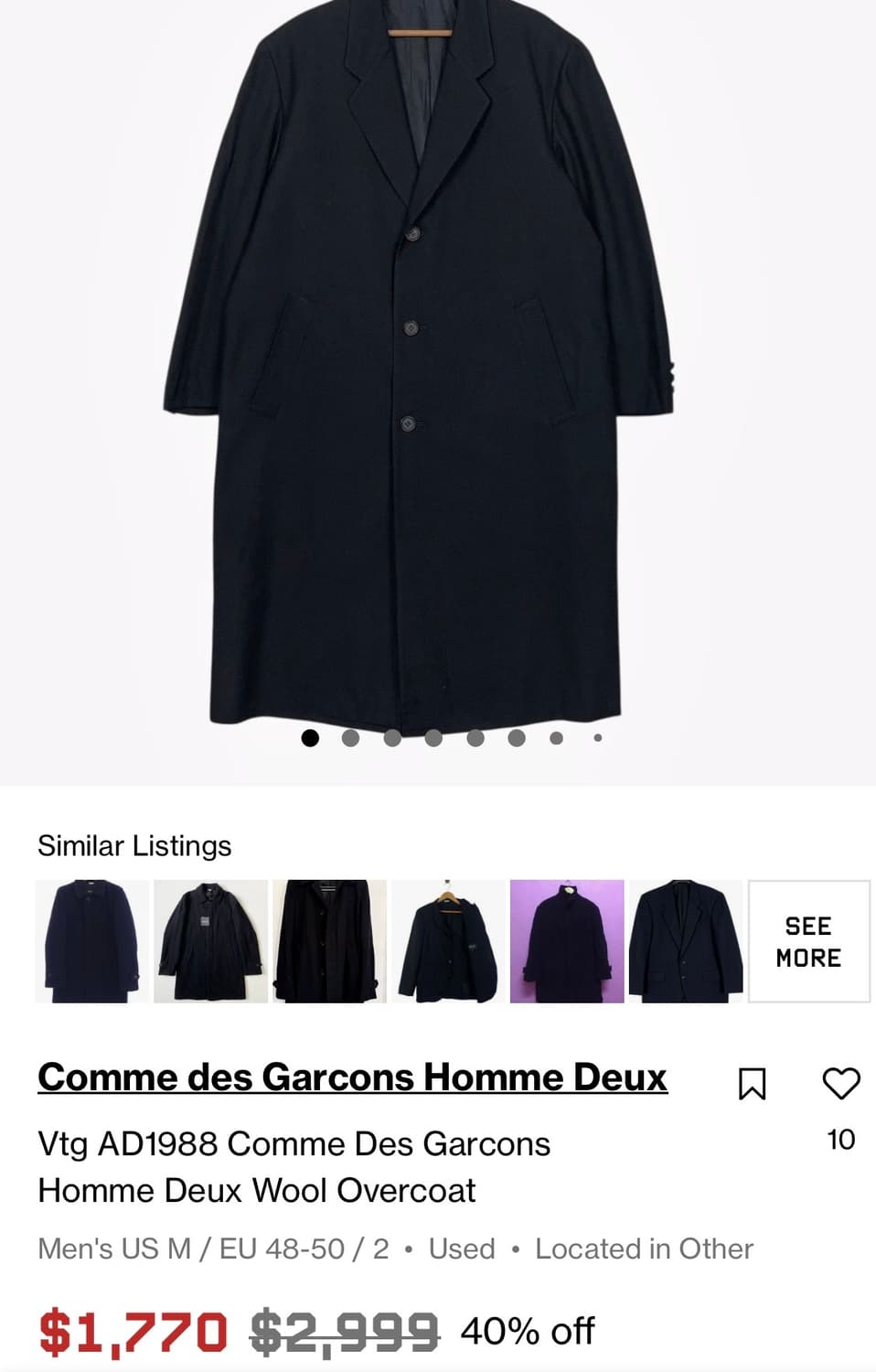 [M] 80’s 꼼데가르송 옴므 쓰리버튼 울 코트 AD1988 상품이미지10