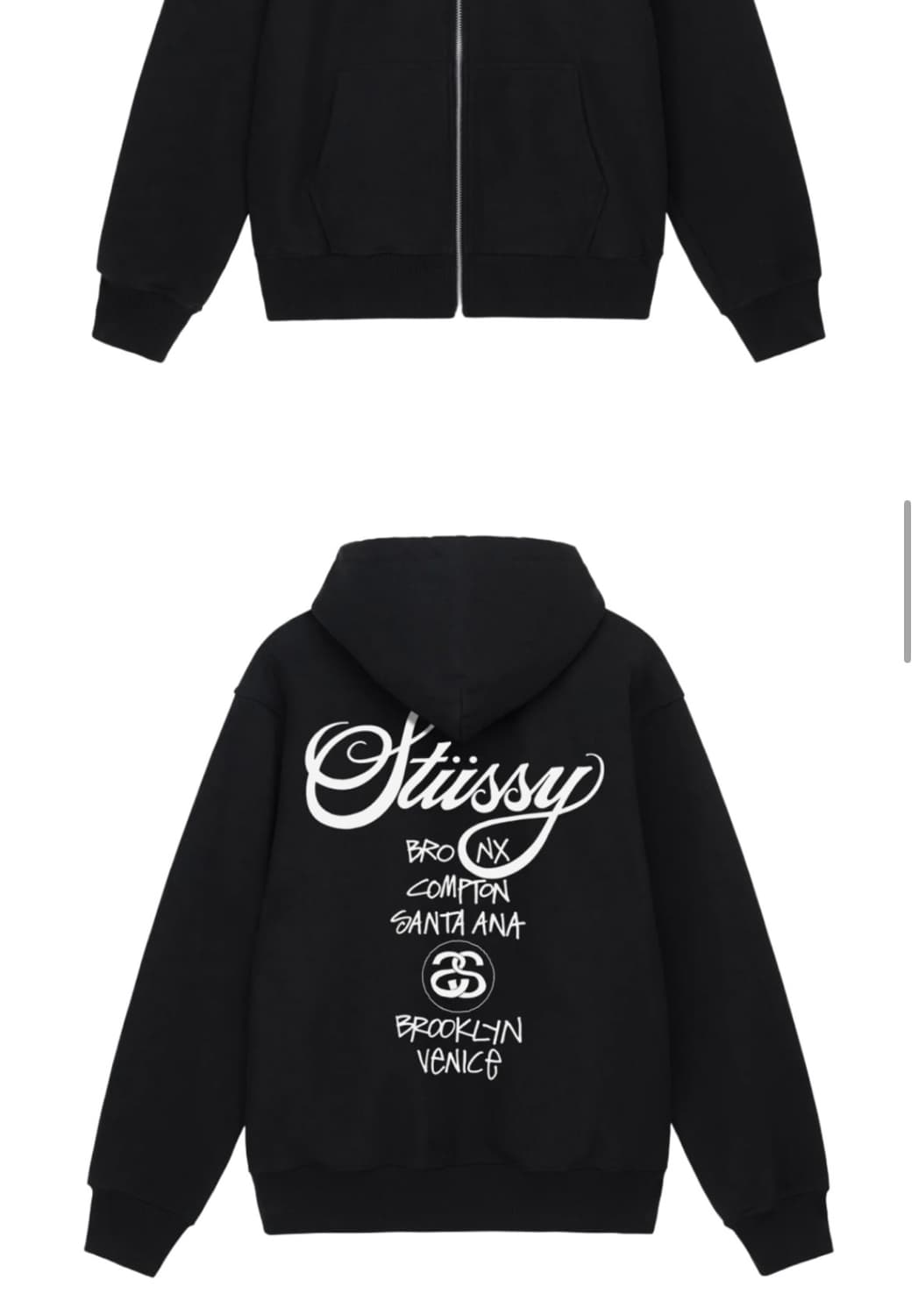 스투시 스포츠 멜튼 바시티 자켓 오트밀, 스투시 월드투어 후드 집업 블랙 상품이미지8