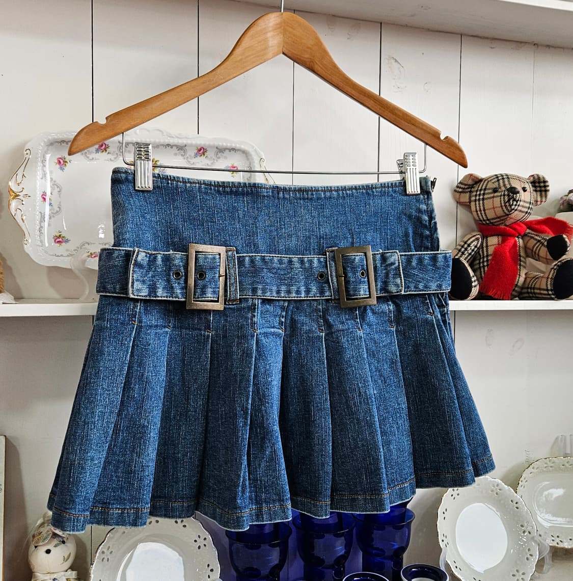 데님 벨트 플리츠 미니스커트 상품이미지2