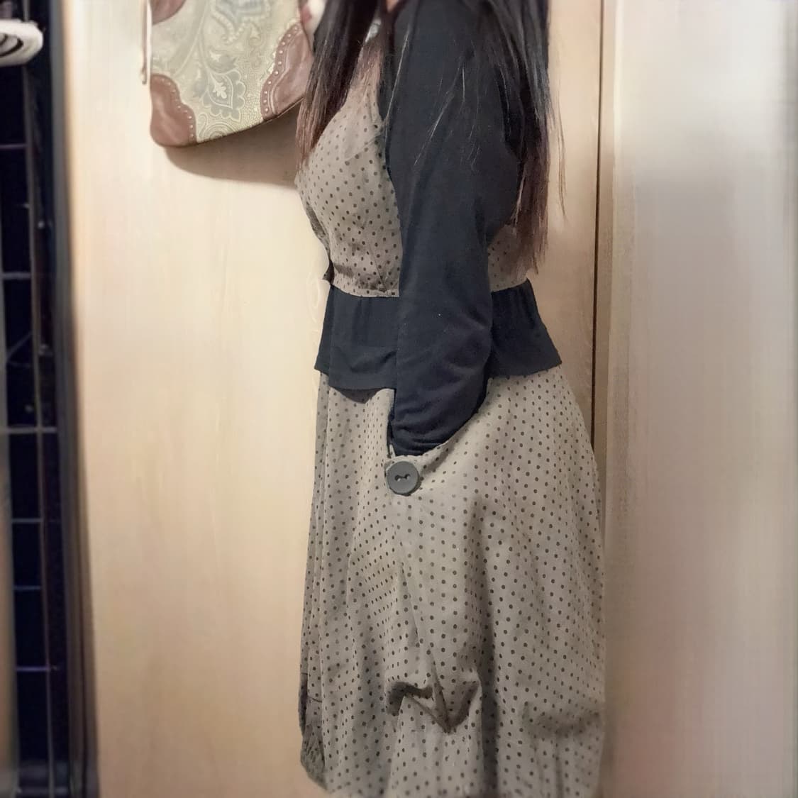 라떼갸루 핀터깔 도트 단추 포인트 베스트 레이어드 펌킨 디테일 원피스 상품이미지2