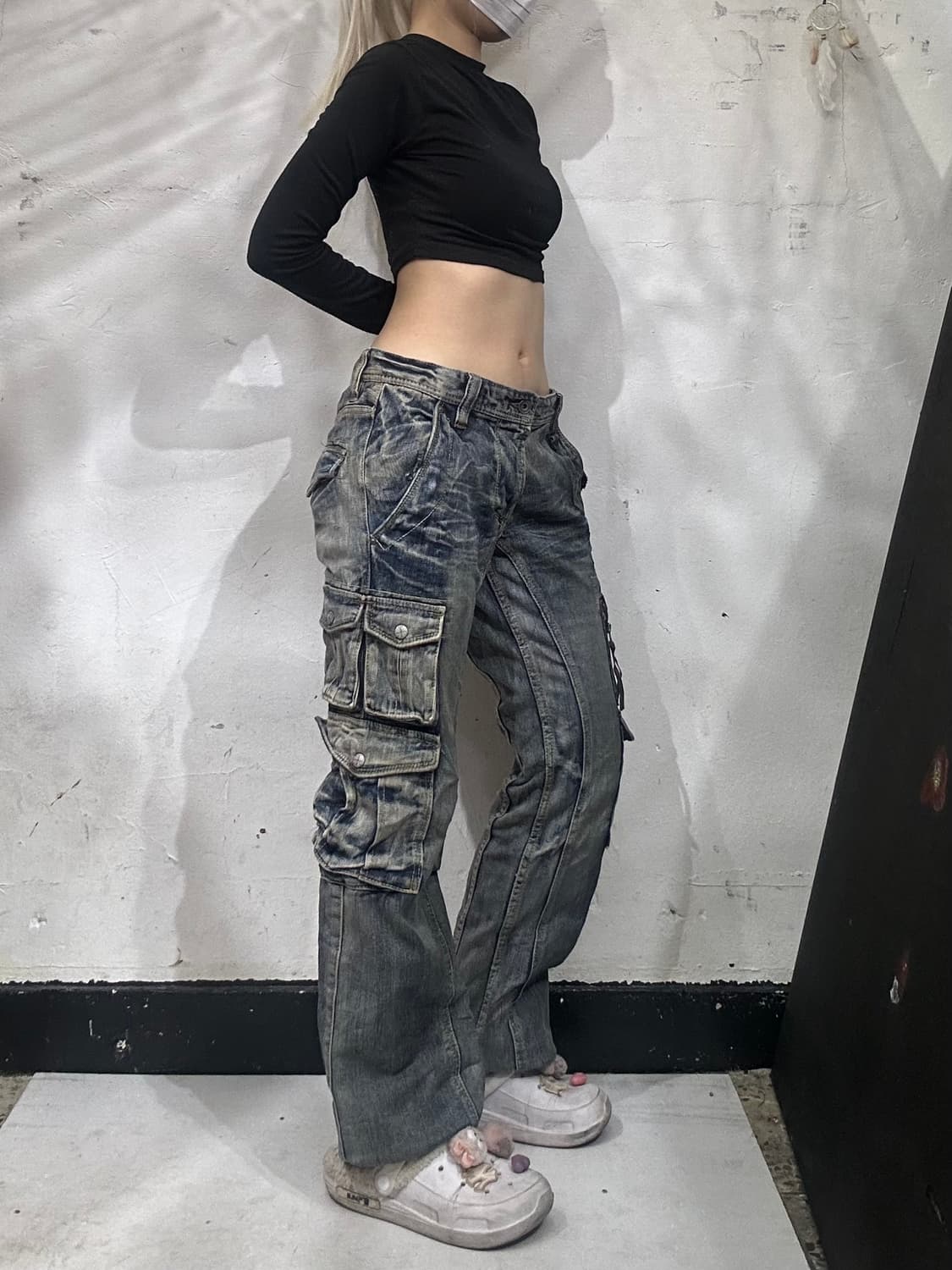 일본 빈티지 진청 대대장 멀티 포켓 라인 디테일 유틸리티 데님 카고 바지 상품이미지1