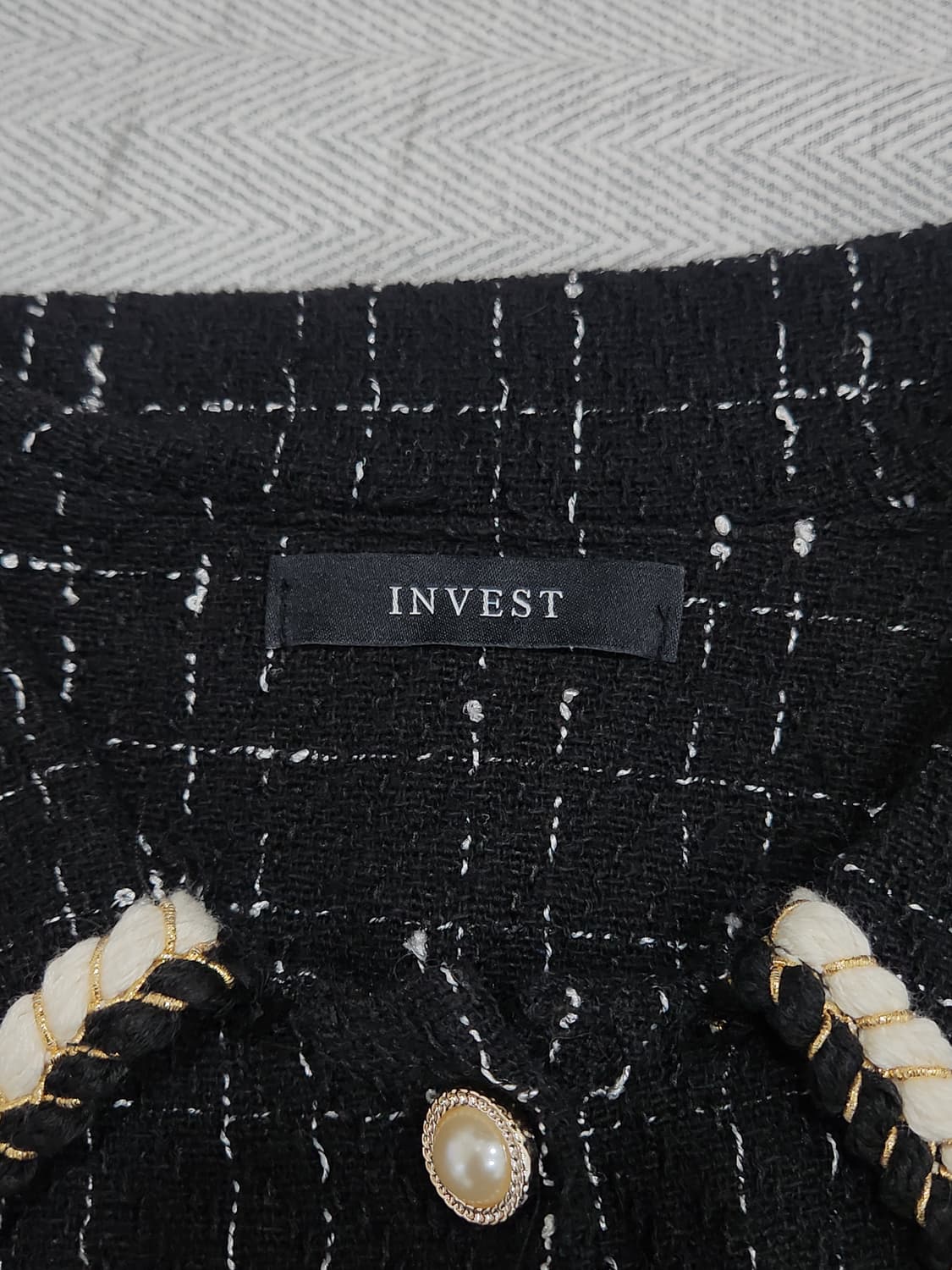 INVEST 트위드 진주 카라 플레어 원피스 F 블랙 상품이미지5