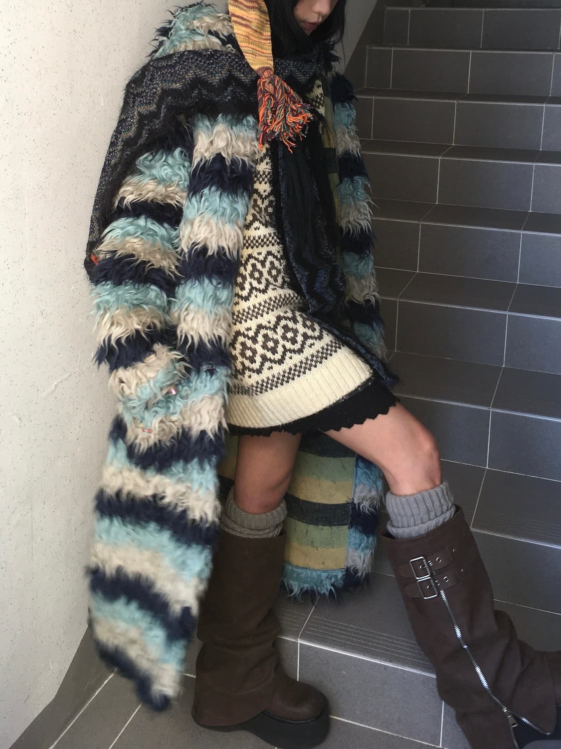 Oilily blue stripe grunge fur duffle 코트 상품이미지7