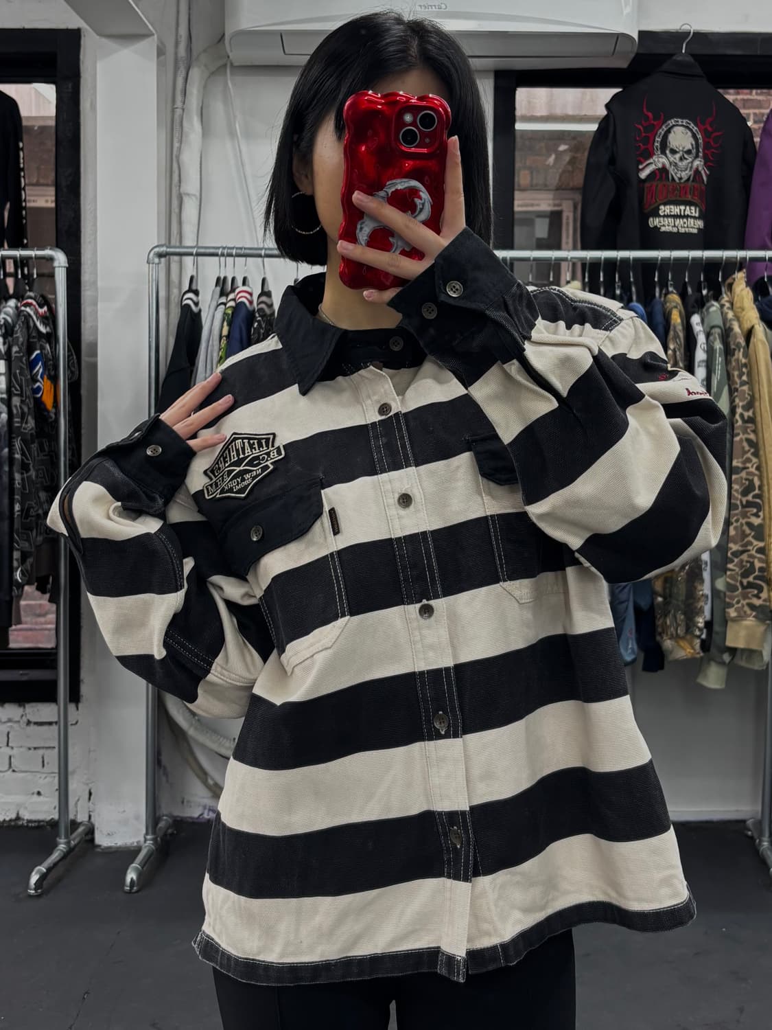 밴슨 레더 스트라이프 자켓 상품이미지4