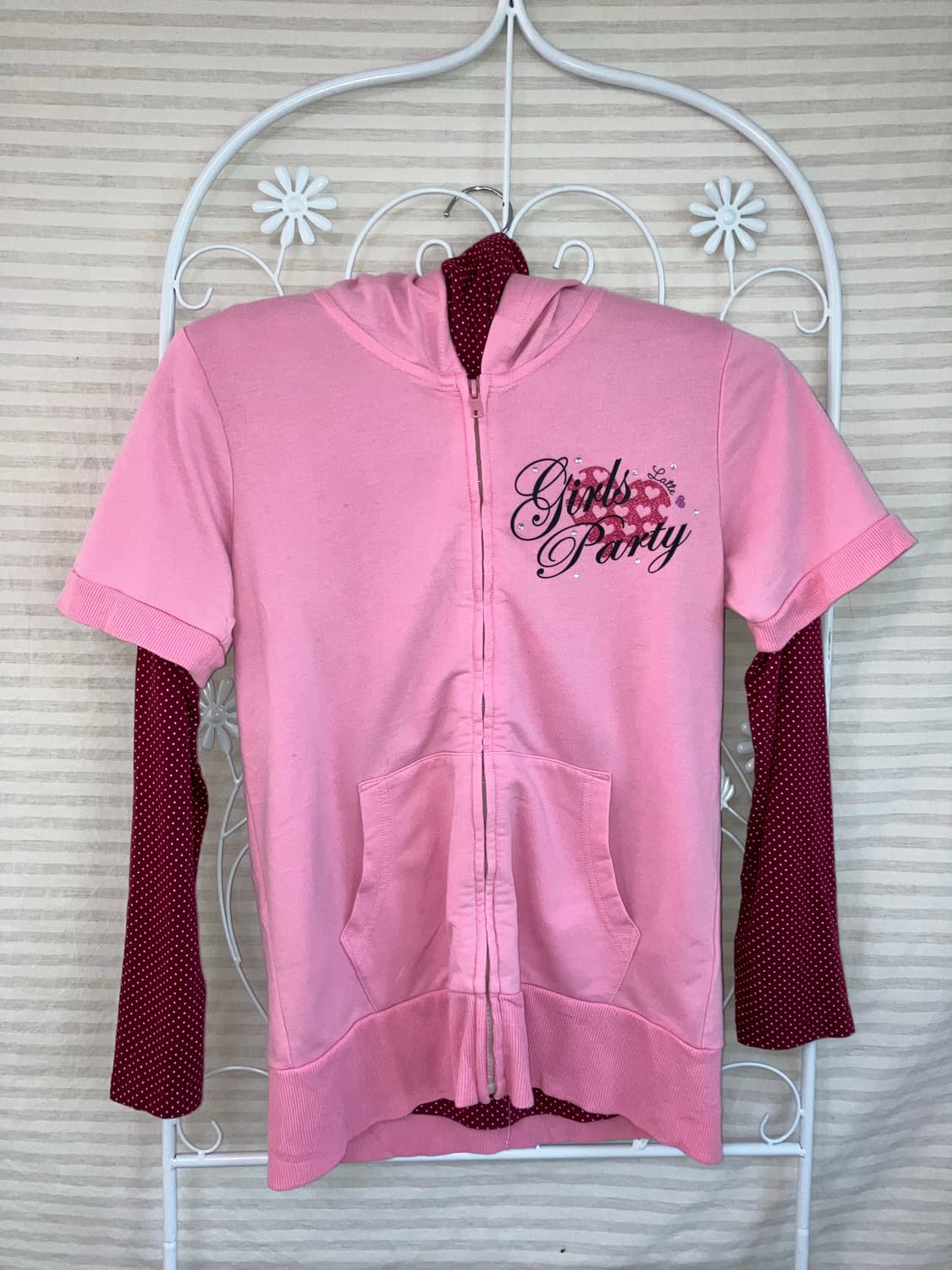 Set) 핑크 레드와인 도트 레이어드 후드 집업 상품이미지4