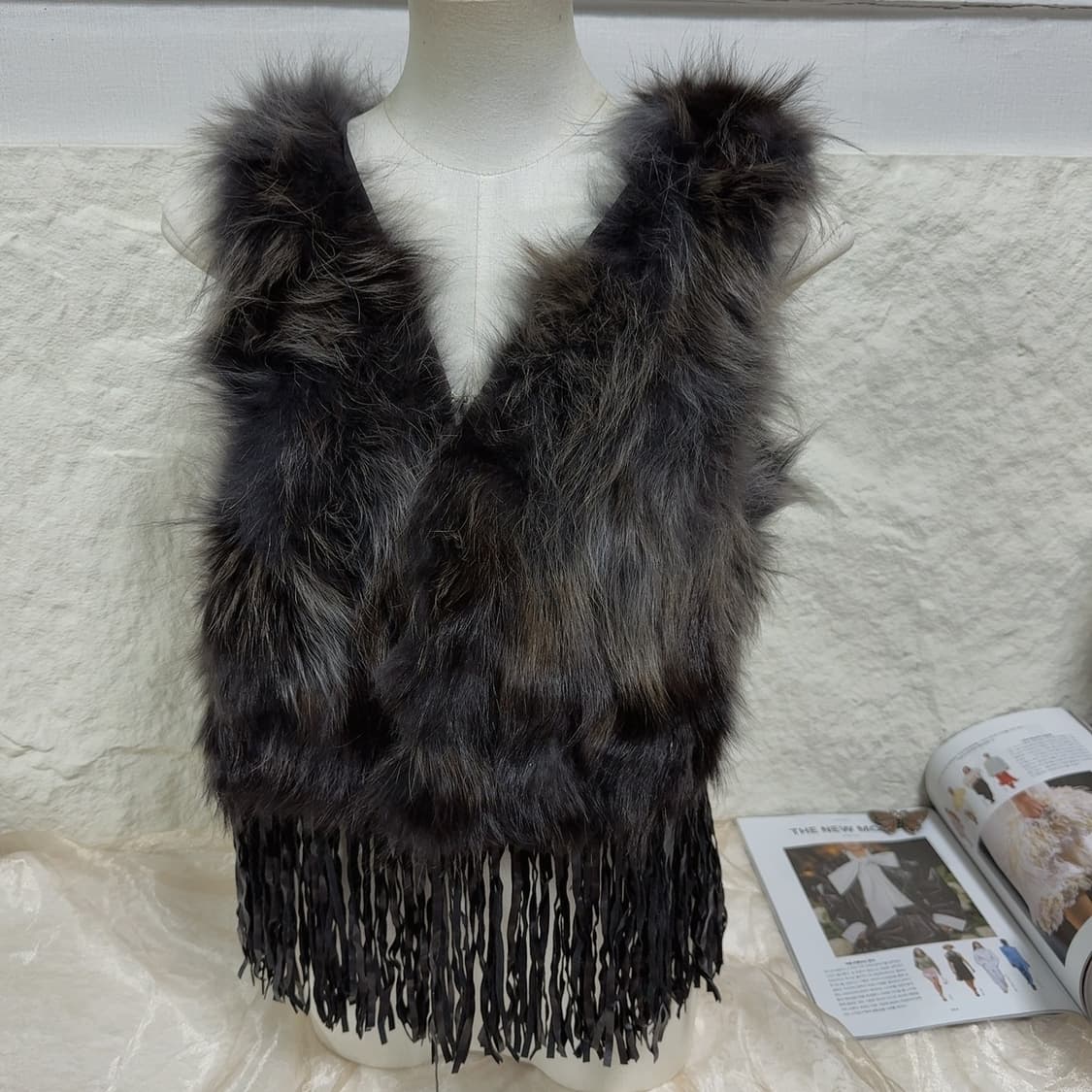 빈티지  라쿤퍼+스웨이드  태슬 조끼 베스트 상품이미지1