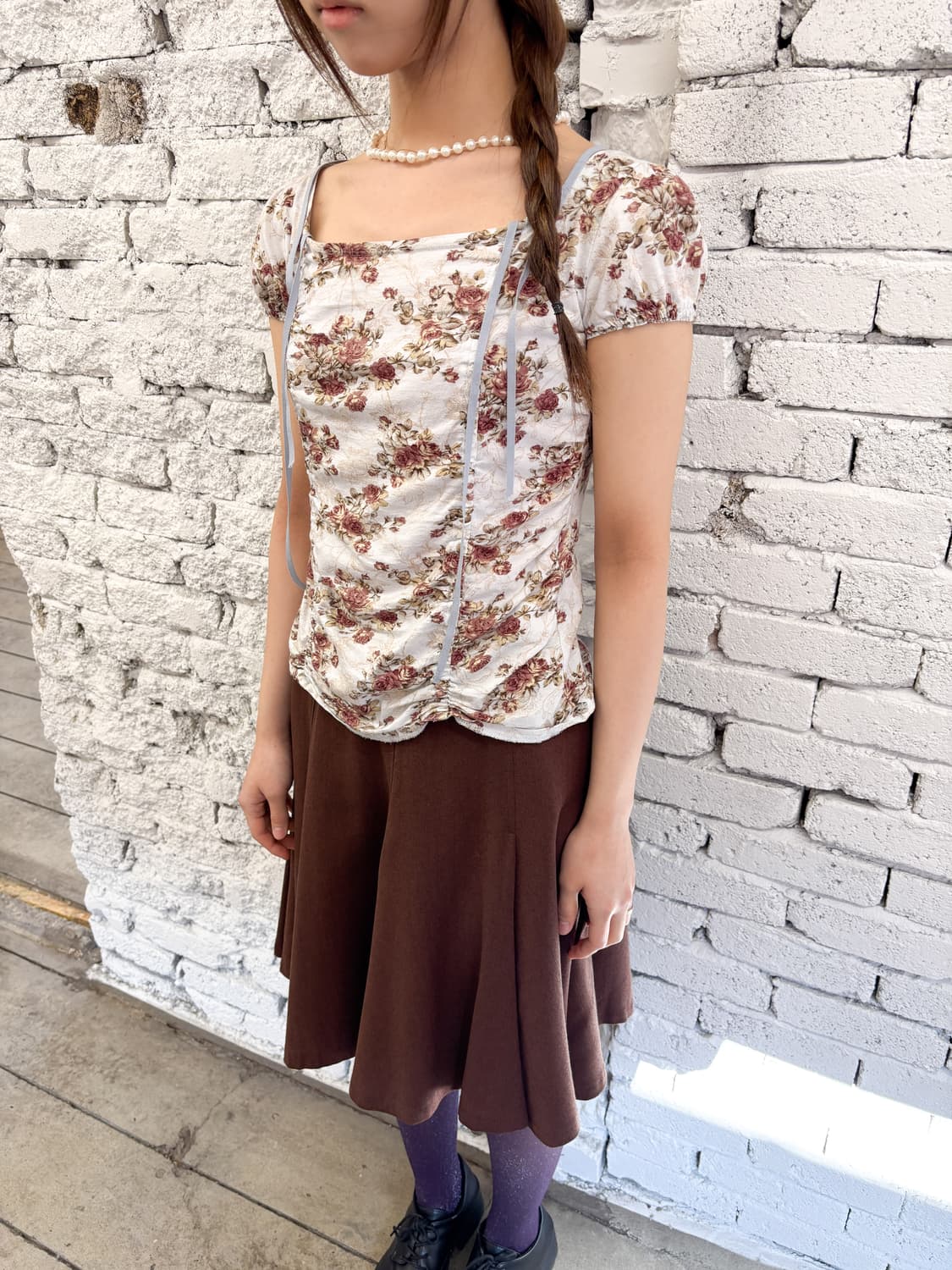 빈티지 로맨틱 플라워 셔링 반팔 티셔츠 상품이미지2