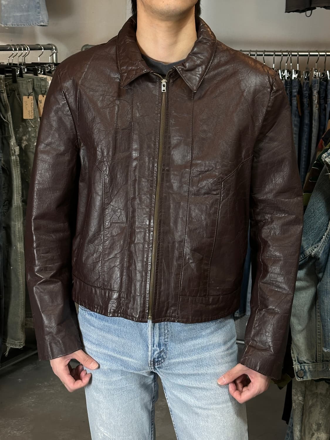 80's 빈티지 버건디 크롭 레더 자켓 파이트 클럽 상품이미지2