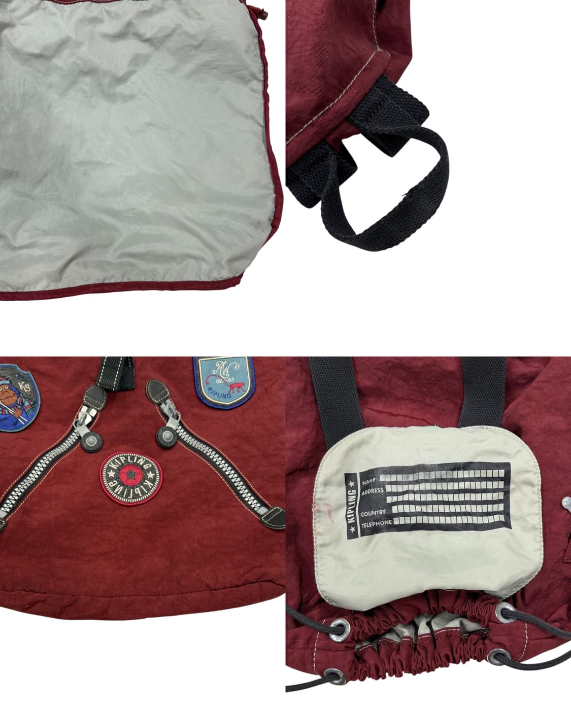키플링 빈티지 희귀 Y2K 패치워크 복조리 드로우 백팩 가방 버건디 레드 상품이미지7