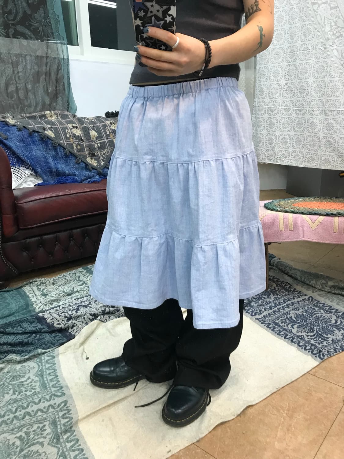 빈티지 여성 밴딩 연청 데님 캉캉스커트 상품이미지1